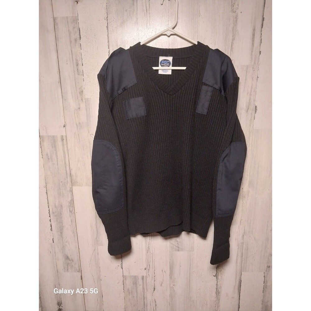 Men's Large Black Commando Military Sweater V Neck Ribbed